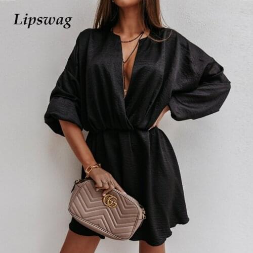 Elegant Women Long Sleeve Party Dress Solid Sexy Deep V-Neck Simple Party Dress Fashion Casual Female Spring Summer Mini Dresses