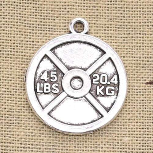 6pcs Charms Barbell Disc Weight 45lbs 20.4kg 24x28mm Antique Bronze Silver Color Pendants DIY Making Findings Tibetan Jewelry
