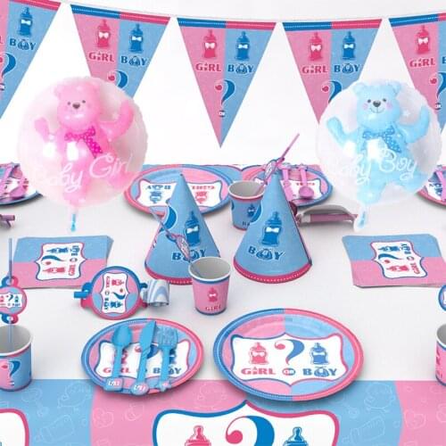 Gender Reveal Tableware Girl or Boy Latex Balloon Banner Paper Plate Cup Tablecloth napkin Baby Shower Birthday Party Decor