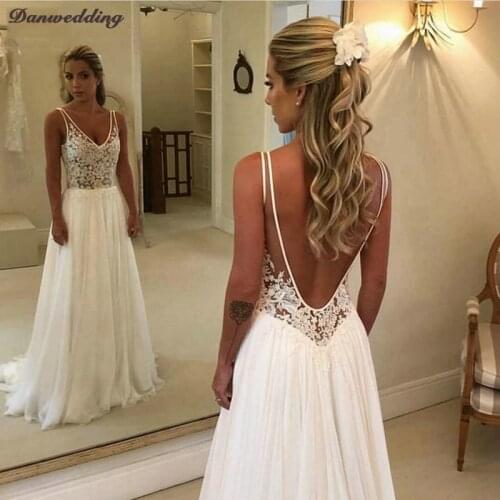 Simple Chiffon Beach Wedding Dresses Sexy Backless Court Train V-Neck Lace Applique A-Line Bridal Dress Boho Wedding Gowns