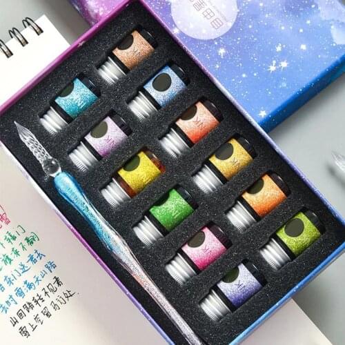 Crystal Glass Pen Starry Sky Dip Pen Glitter Powder Fountain Pen 12 Colors Ink Gift Box Set Writing Supplies