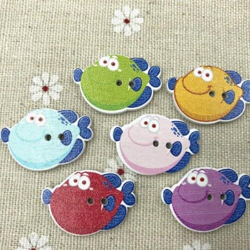 DIY 100pcs Wooden Cartoon smile fish buttons sewing Scrapbooking decoration 28mm