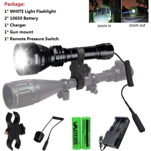 T67 White Tactical Flashlight LED Scout Ultra Bright Hunting Light USB Rechargeable Waterproof Torch by 18650