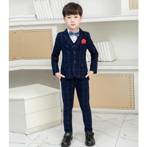 Navy Blue Tweed Plaid Boys Suits 3 Pieces Set Children Prom Wedding Suit Blazer Oversize Kids Formal Tuxedo Jacket Pants Vest