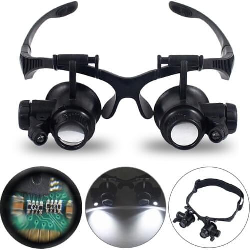 LED Head-mounted Magnifier 10X 15X 20X 25X Optical Lens Glass MagnifierGglass Double Eyes Magnifying Glasses Magnifier Lamp