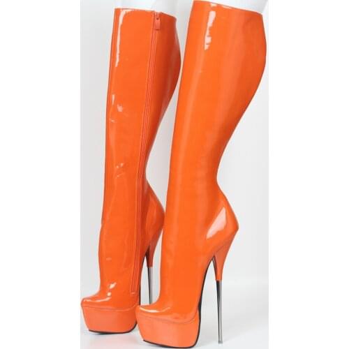 Sexy Womens Boots Super High Heel Thin Heels Knee-high Motorcycle Boots Patent Leather Pointed Toe Platform Long Botas Shoes