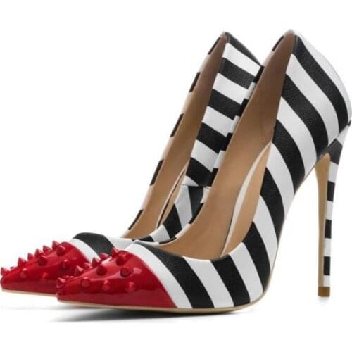 2020 vogue woman 12CM high heel Black and white zebra spike pointed toe dress shoes