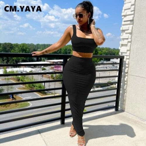 CM.YAYA Women Set Solid Sleeve Crop Tanks Tops Stretchy Bodycon Long Skirts Two 2 Piece Sets Fashion Casual Outfits Summer 2021