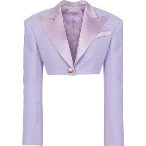 New Lavender Violet Short Blazer Women Autumn One-button Satin Collar Long Sleeve Short Suit Womens Blazers Jackets Top Quality