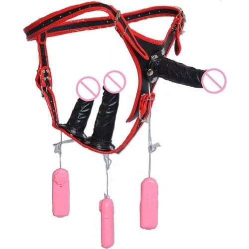 Women Leather Wear full vibration masturbation Lesbian Penis Three Removable dildos gay sex toys chastity briefs sex products