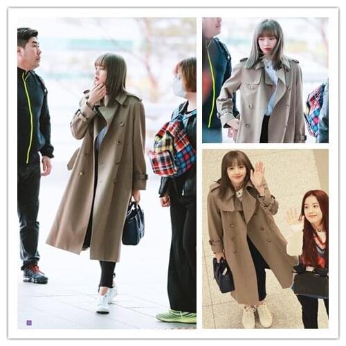 Kpop TWICE EXO GOT7 Winter New Khaki British style Loose Double-Breasted Long Coat Women street fashion Jacket lady clothes