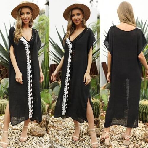 Womens Dress Sexy Deep V-Neck Long Dress Loose Black and White Hand Hook Stitching Cutout Beach Style Blouse Summer Dress