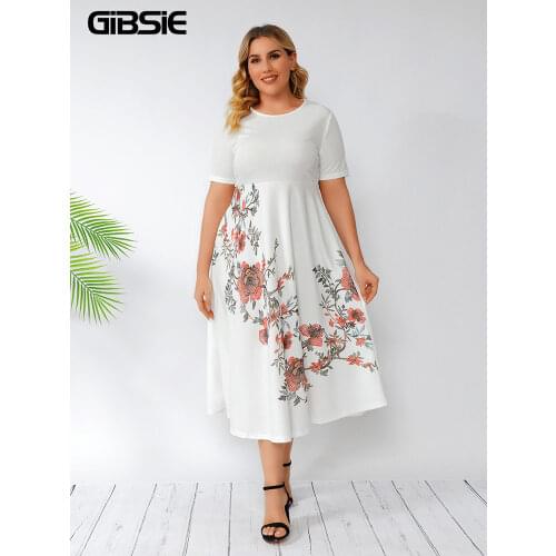 GIBSIE White Floral Print A-Line Dress Plus Size Women Summer O-Neck Short Sleeve Party Elegant High Waist Slim Long Dresses