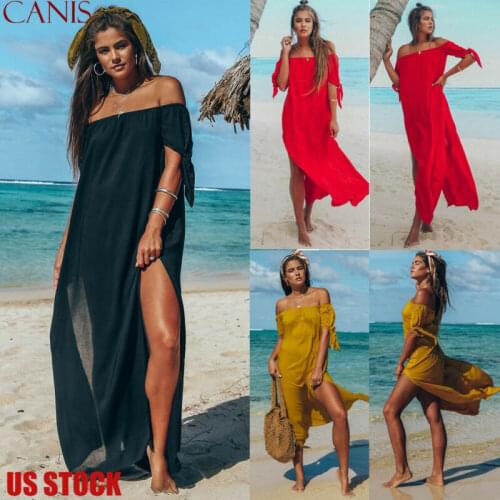 US Fashion Women Solid Color Style Beach Smock Summer Seaside Cover Up Off Shoulder Long Dress Lace Sleeve Maxi Skirt Sundress