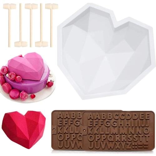9Pcs Silicone Heart-Shaped Cake Mold with Wooden Hammer Ice Cream Model Tray and Alphabet Chocolate Mold Kitchen Silicone Mold