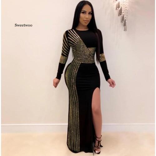 African Maxi Dresses For Women 2020 Black African Long Dress Sequins O-Neck Long Sleeves Daily Dress Evening Dress Party Dress