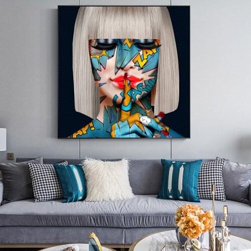 Graffiti Red Lip Shush Glasses Girl Art Canvas Print Painting Modern Wall Picture Women Living Room Home Decoration Poster