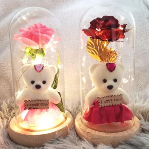 Simulation rose LED glass lampshade eternal flower mothers day rose gift valentines day beauty gift bear decoration rose lamp