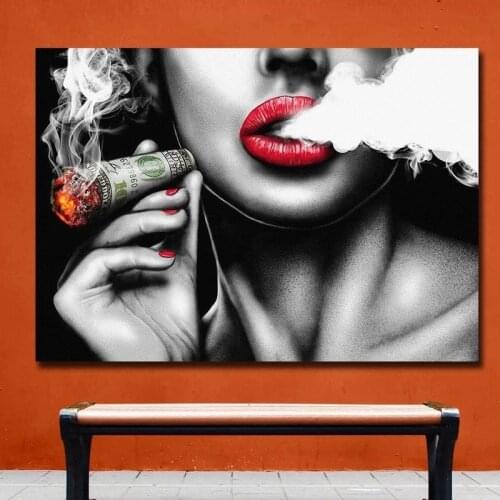 Sexy Red Lip Women Canvas Painting Smoke Money Posters Prints Affiche Cuadro Modern Pop Wall Art Picture Living Room Home Decor