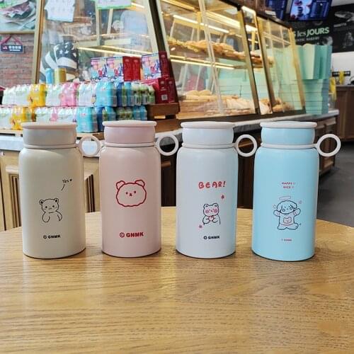 Korean Style Cute Bear Thermos Bottle Portable Cartoon Insulated Stainless Steel Vacuum Flask Kids Student Straight Cup 450ml