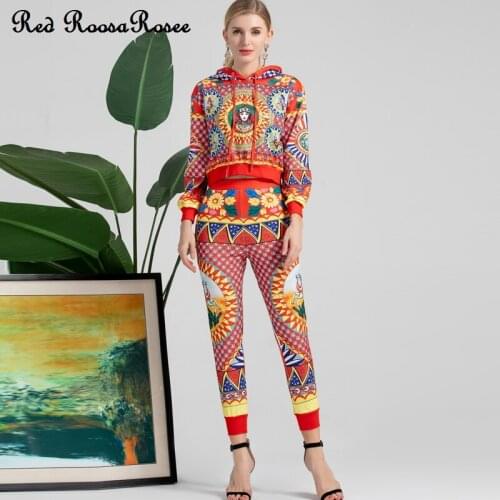 Red RoosaRosee Fashion Autumn Women Hooded Collar Long Sleeve Elegant Vintage Print Top + Print Pencil Pants Twinset Female Suit