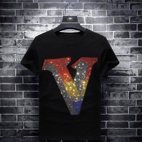 Colorful 2021 Rhinestones Letter T Shirts Men Fashion Slim Clothing Streetwear O Neck Short Sleeve Modal Cotton Camisetas Hombre