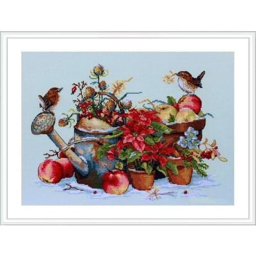 Flower pot and birds cross stitch kit aida 14ct 11ct count blue canvas cross stitches needlework embroidery DIY handmade