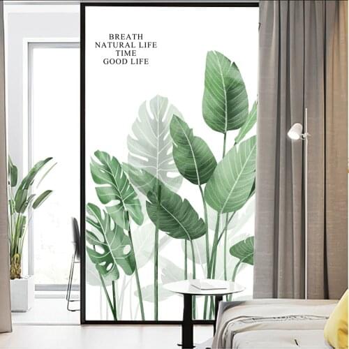 Window Film Privacy Green Plants Non Adhesive Glass Sticker Sun Protection Heat Control Window Coverings for Homedecor
