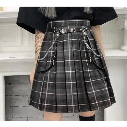 Ruibbit Women Harajuku Gothic Black Gry Sexy Plaid Pleated Skirt Punk Style High Waist Short Mini Skirts With Belt Chain 4XL