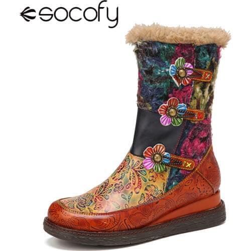 SOCOFY Womens Boots Retro Genuine Leather Colorful Printed Warm Lining Waterproof Wearable Sole Platform Wedges Snow Boots 2020