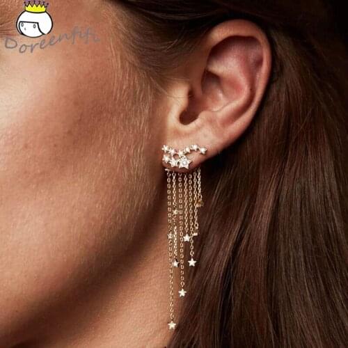 2colors Bohemian Long Earrings Drop Dangle Chain Stud Earrings Crystal Shine Stars Tassels After Hanging Earrings Female Jewelry