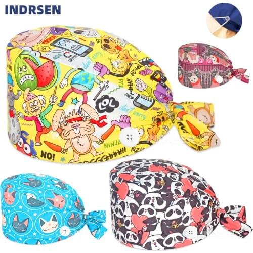 Wholesale Women Men Health Workers Hat Lab operator work cap Beauty salon Print Hat adjustable Scrub Cap working Clean hat