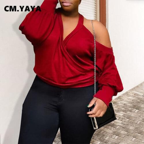CM.YAYA Women Plus Size T-shirt Solid Full Lantern Sleeve V-neck Loose Top Tees Fashion Casual High Streetwear Summer Clothing