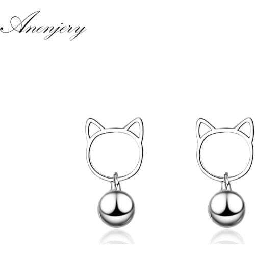 ANENJERY 925 Sterling Silver New Cute Fashion Cat Bell Earrings For Women Christmas Gift S-E674