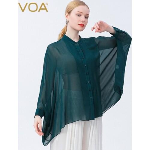 VOA Summer Silk Georgie Green Collar Stitching Bat Long Sleeve Casual Tops for Women Wide Fresh Transparent Woman Shirts BE717