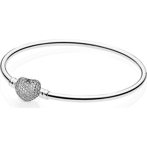 Authentic 925 Sterling Silver Moments Pave Heart Fashion Bangle Fit Pandora Women Bead Charm Bracelet Gift DIY Jewelry