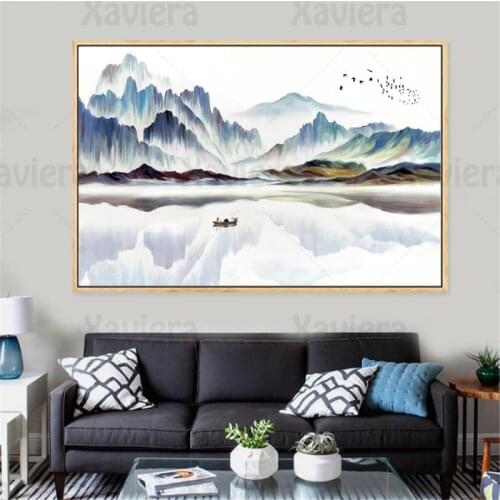 Chinese Style Ink Painting Landscape Wall Art Beautiful Natural Scenery Mountains Clouds Poster Mural Living Room Decoration