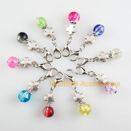 10Pcs Tibetan Silver Tone Cross Retro Mixed Shivering Glass 8.5x20mm With Lobster Claw Clasps Charms