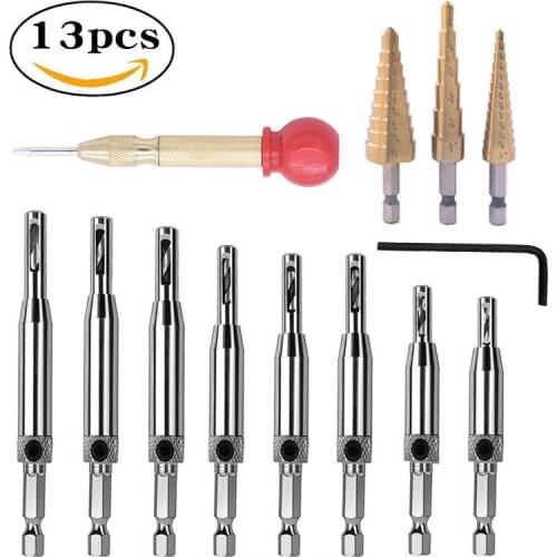 13-Piece Woodworking Hole Drill Combination Set Woodworking Hinge Drill Pagoda Drill Golden Center Punch