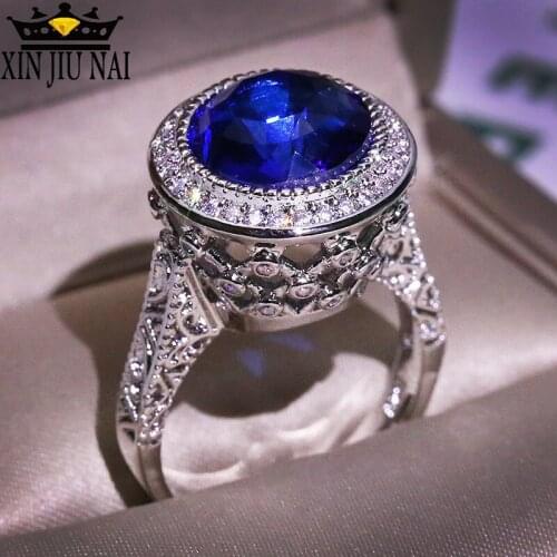 2019 Vintage Blue Ring European Blue Zircon Engagement Ring Ms. Geometry Round Zircon Wedding Ring Bridal Jewelry Gift