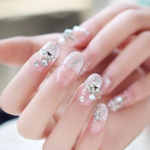 24pcs Acrylic Full Cover Nail Art Tips With Glue Bride Shining Rhinestone Wedding False Nails Ladies Sexy Party Nails Decoration