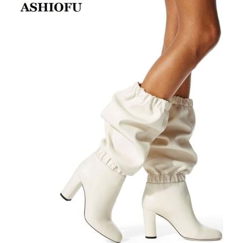 ASHIOFU New Arrival Handmade Ladies High Heel Boots Wedding Party Prom Sexy Chunky-heel Boots Plus Size Evening Fashion Boots