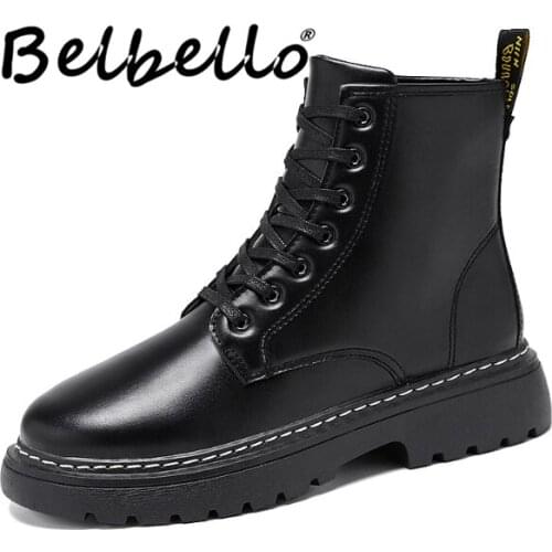 Belbello winter new style mens Martin boots British style Front zipper Black leather boots joker relaxation tide boots