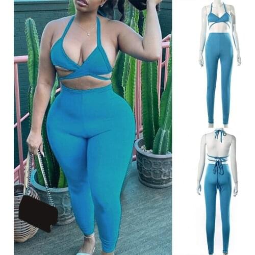 Printed Bodycons 2 Piece Sets Women Streetwear Fashion Skinny Sexy Sleeveless Halter and Zipper Pants Outfits