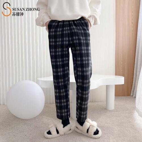 Women Trousers Female Ladies Long Pants 2021 Spring Elegant Office Vintage High Elastic Waist Straight Loose Check Fleece Warm