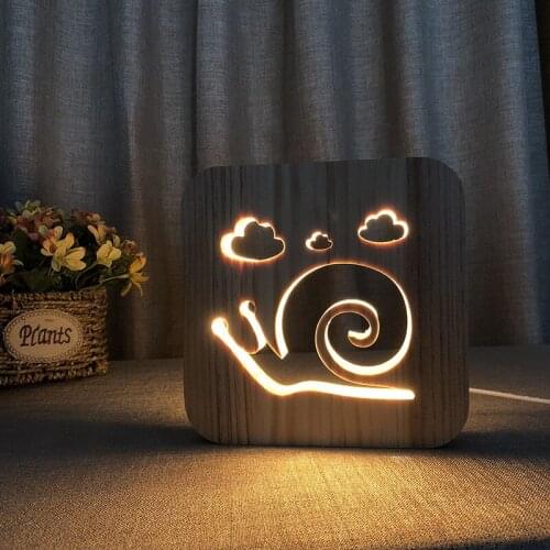 3D Wooden Snail Lamp Nordic Bedroom Wood Night Light Warm White Hollowed-out LED Table Lamp USB Power Supply as Friends Gift