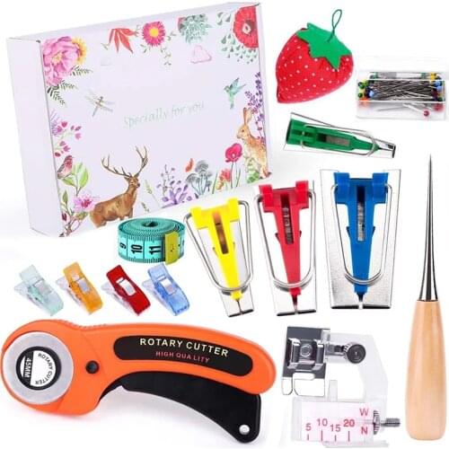 Imzay 62PCS Fabric Bias Tape Makers Kit With Rotary Cutter, Sewing Clips, Sewing Machine Presser Foot For Fabric, Sewing