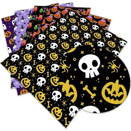Halloween skull and pumpkin head pattern printed faux leather cross pattern for DIY sewing materials 22x30 cm