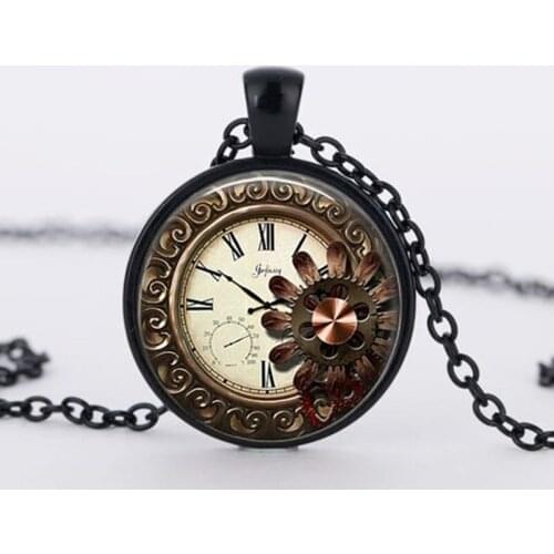 Beautiful flowers Steampunk Necklaces Cabochon crystal clock Pendants jewelry