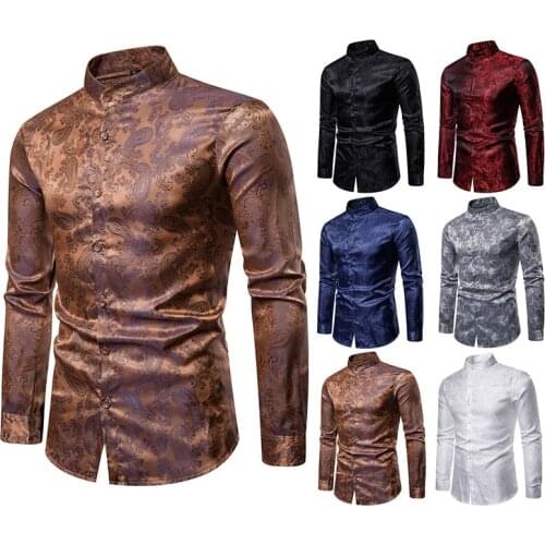 2021 Men Brand Fashion Luxury Dark Embroidery Slim Dress Shirts Bussiness Wedding Party Singer Stage Shirt Red Blue White Gray